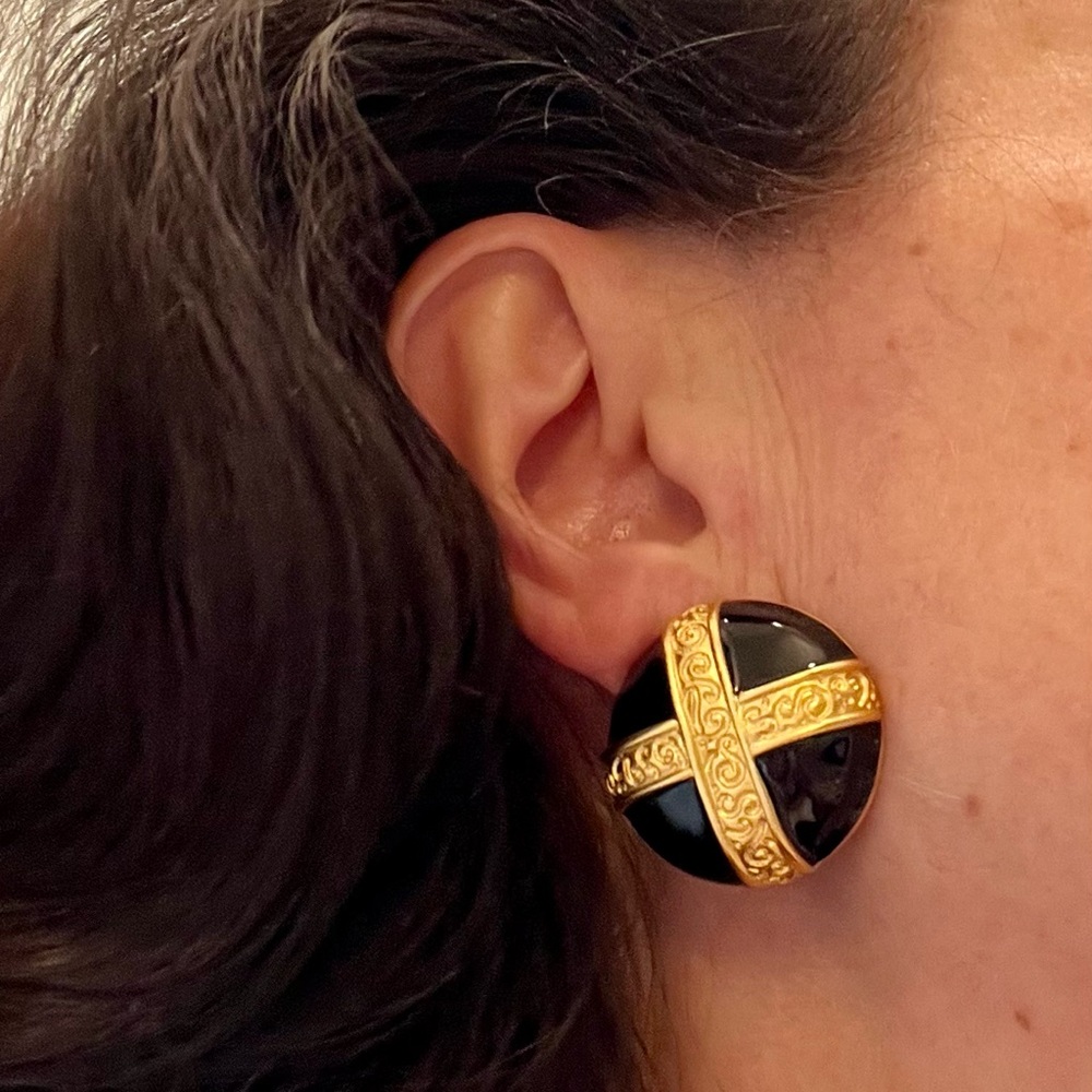 Vintage Anne  Klein, Gold and Black Enamel Earrings.